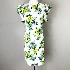Amanda Uprichard Dress White Green Floral Size Small Fiori Mini Ruffle‎ Sleeve